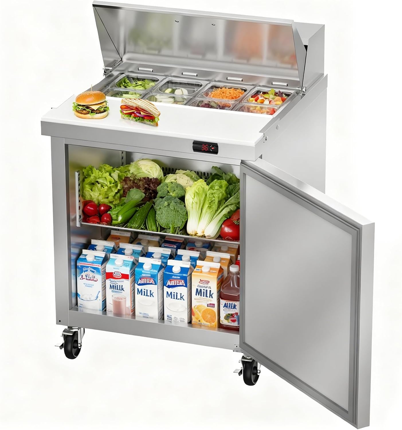 29" W Commercial Refrigerator Sandwich Salad Prep Table, Stainless Steel 1-Door Sandwich Prep Table Refrigerator, Counter Fan Cooling Refrigerator with 8 Pans for Restaurant, Bar