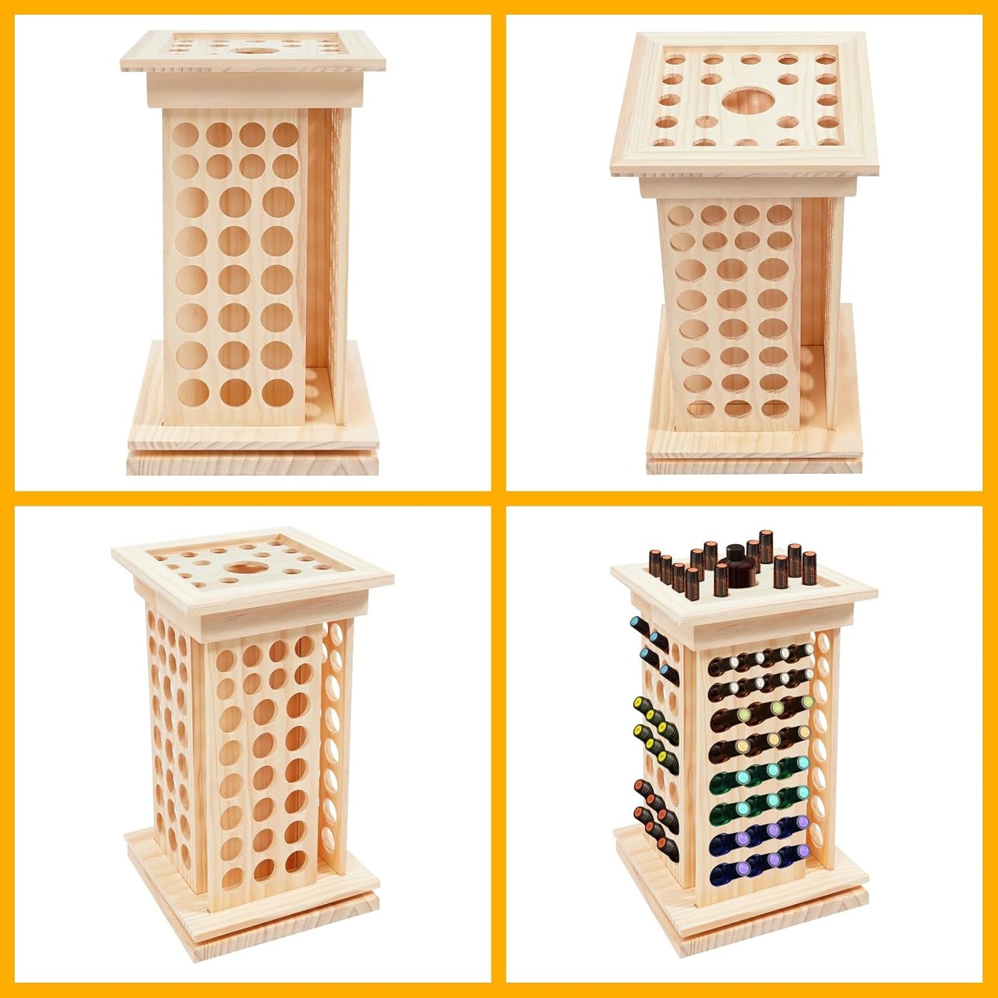 125-Slot Wooden Essential Oil Display Rack, Rotating 360° Organizer for 0.5oz/0.17oz Bottles, Lipsticks, Nail Polish, Vertical Space-Saving Countertop Holder for Home, Spa, Salon, 9.25*16.14in