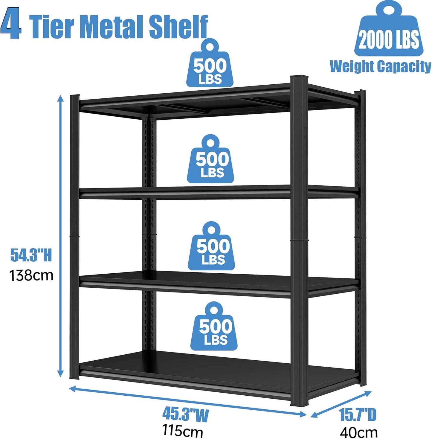 Garage Storage Shelves,5 Tier Shelving Unit, 40 inch Wide, 18” Deep, 78” Tall Organizer Metal Shelf for Basement/Laundry/Pantry Heavy Duty, Adjustable,Easy to Install (4Tier-45.3"WX15.7"DX54.3"H)