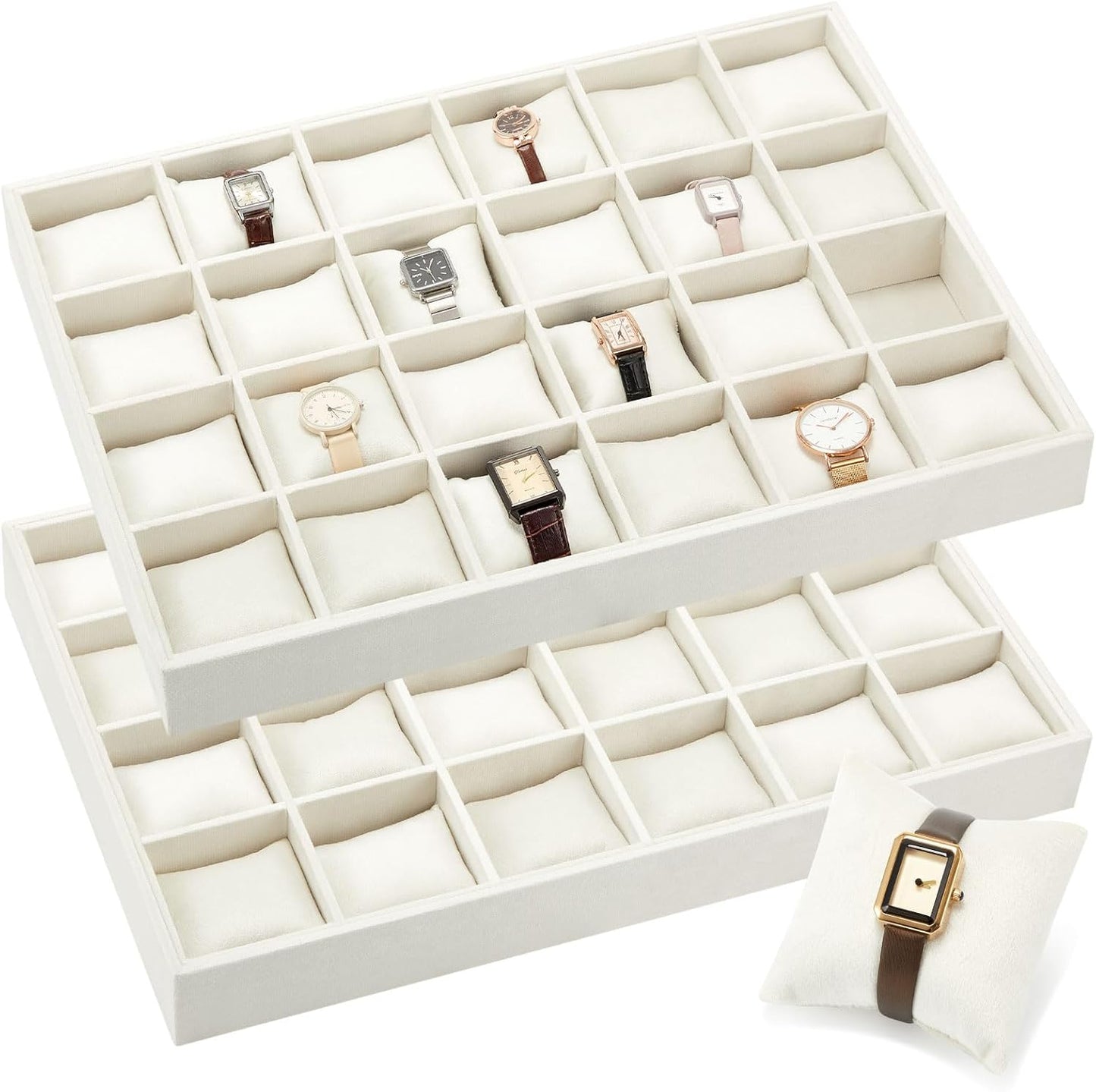 Henoyso 2 Pieces 24 Grid Velvet Watch Tray Jewelry Organizer Stackable Watch Bracelet Bangle Display Holder Adjustable Pillow(Beige)