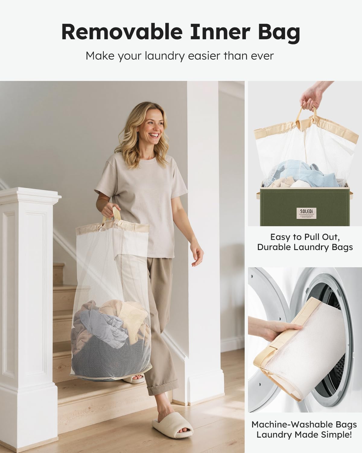 SOLEDI Laundry Hamper with Lid 100L Large & Tall Collapsible Laundry Basket, Clothes Hamper with Bag Removable Easy to Carry, Dirty Hampers for Bedroom, Bathroom, Dorm, College, Avocado