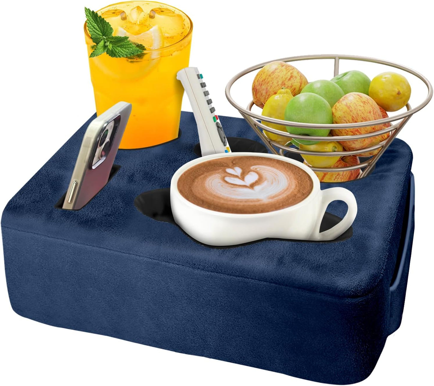 Couch Bed Cup Holder Pillow, Nisdoing 5 Hole Couch Drink Holder! Keep Drinks Hand Side and KeepTemp, Prevent Spills and Use Anywhere. Cup Holder for Couch, Bed,Camping,RV,Car,Beach. Navy Blue