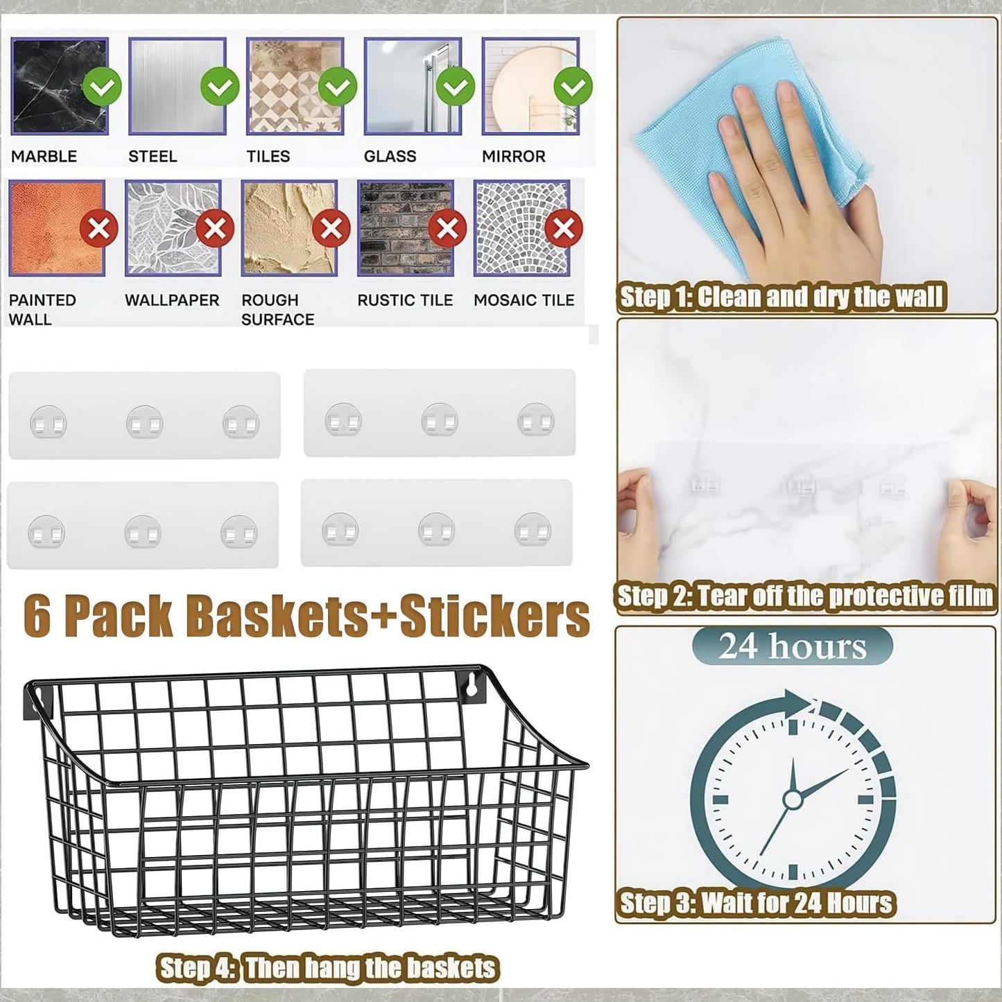 Sonyabecca 6 Pack Hanging Wall Basket for Organizing, EXTRA Large Wire Basket for Pantry with 5 S Hook+6 Adhesive Hook, Wall Mounted Shelf for Kitchen,Bedroom, Bathroom RV,Garage Organization& Storage