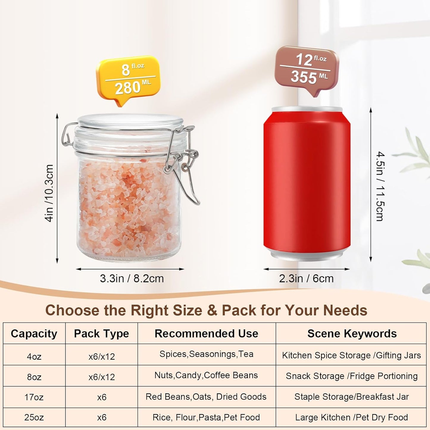 12 Pack Spice Jars, 8 oz Glass Containers with Airtight Lids, Small Herb Jars with Labels for Kitchen Storage