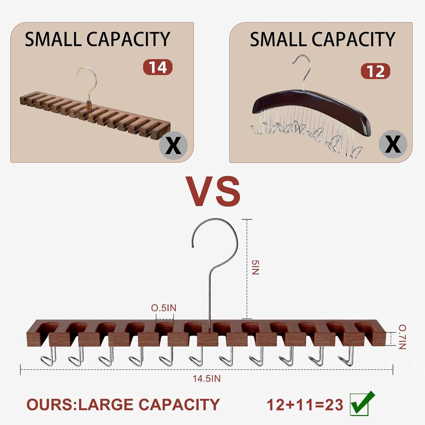 Belt Hanger for Closet Max 42 Belts, 2-in-1 Wall Mount Belt Organizer with 360° Rotating Hooks, Wooden Tie and Belt Rack for Closet Accessories Organizers and Storage, Walnut Wood