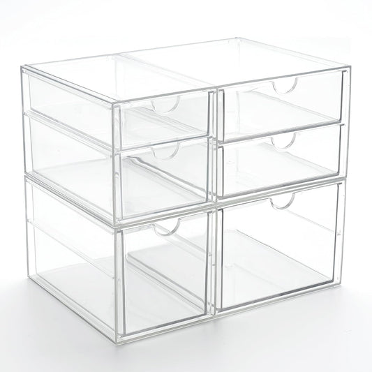 Prsildan Acrylic Drawer Makeup Organizer with 6 Drawers (Not for Baby Bottle), Set of 2 Office Desk Organizers Accessories, Clear Stackable Storage Drawers for Vanity, Craft (Largest Drawer 4" Tall)