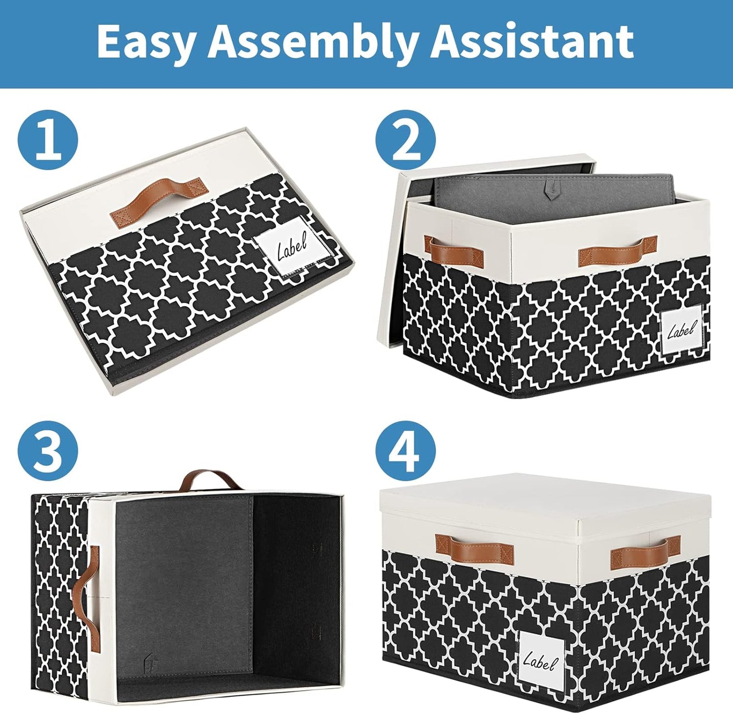 GhvyenntteS Fabric Storage Bins with Lids 3 Pack, Foldable Fabric Storage Boxes with Lids and 3 Handles, Sturdy Closet Organizers and Storage Bins with Label Window for Home (White&Lattice Black)