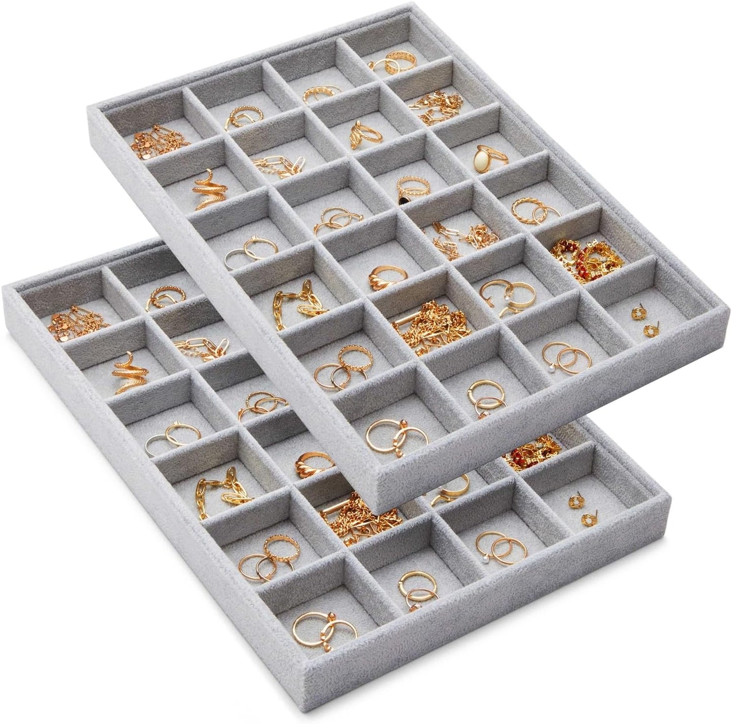 Juvale 2 Pack Velvet Jewelry Organizer Tray for Earrings, Stackable 24 Grid Storage for Rings (Gray, 14x10 in)