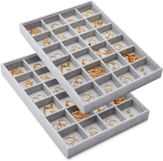 Juvale 2 Pack Velvet Jewelry Organizer Tray for Earrings, Stackable 24 Grid Storage for Rings (Gray, 14x10 in)
