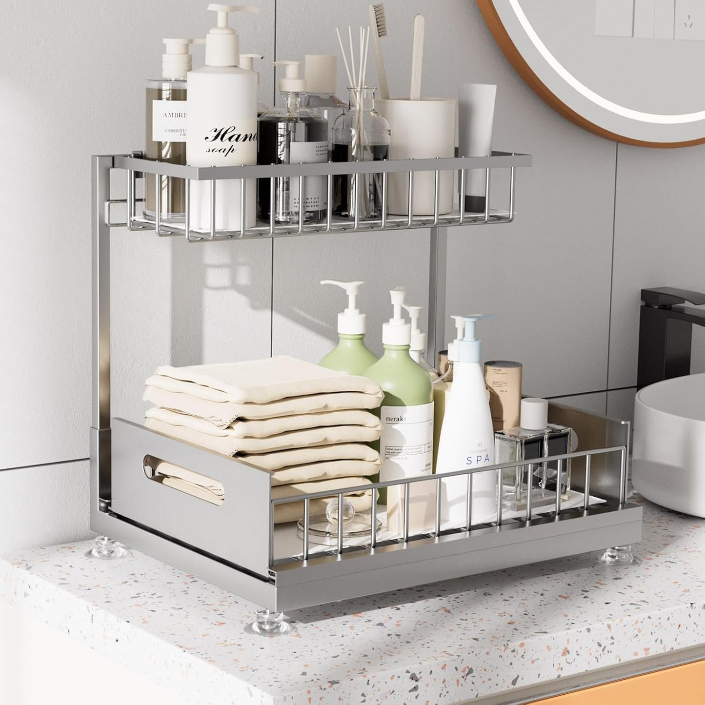 2 Pack Under Sink Organizer Storage 2-Tier Premium Metal Pull-Out Racks, Height Adjustable, Easy Installation | Kitchen & Bathroom Organizers