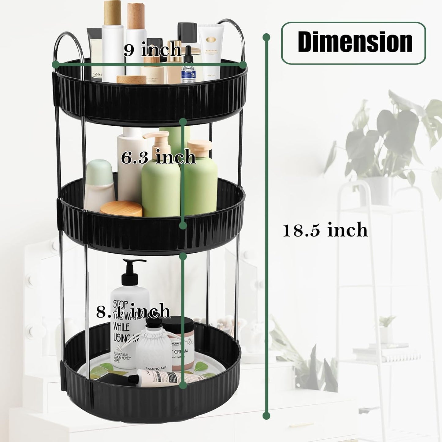Rotating Makeup Organizer Countertop 3 Tier Lazy Susan Trays Spinning Skincare Perfume Storage for Bathroom Counter Vanity, Black