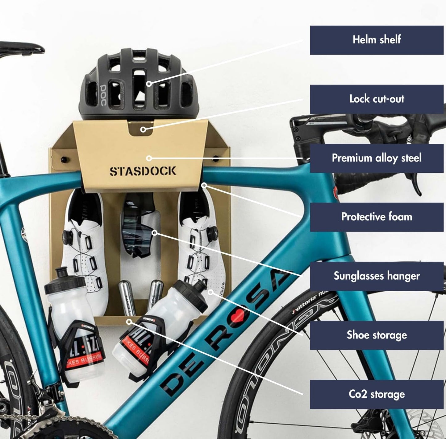 Stasdock Wall Bike Rack | Bike Storage Wall Mount System | For Race Bicycles (New Gold) and Mountain Bikes | Bike Shelf | Indoor bike wall bracket | Store your helmet and shoes | Home and Garage