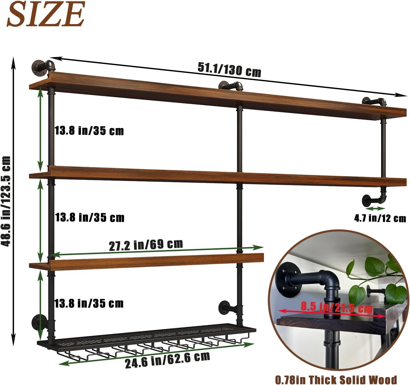 Solid Wood Wall Mounted Wine Rack, Large Wine Rack with LED Light, 4 Tiers Liquor Bottles Floating Shelves with Glass Holder, Industrial Bar Shelves for Home Bar Dining Room (51.2 IN/ 130CM)