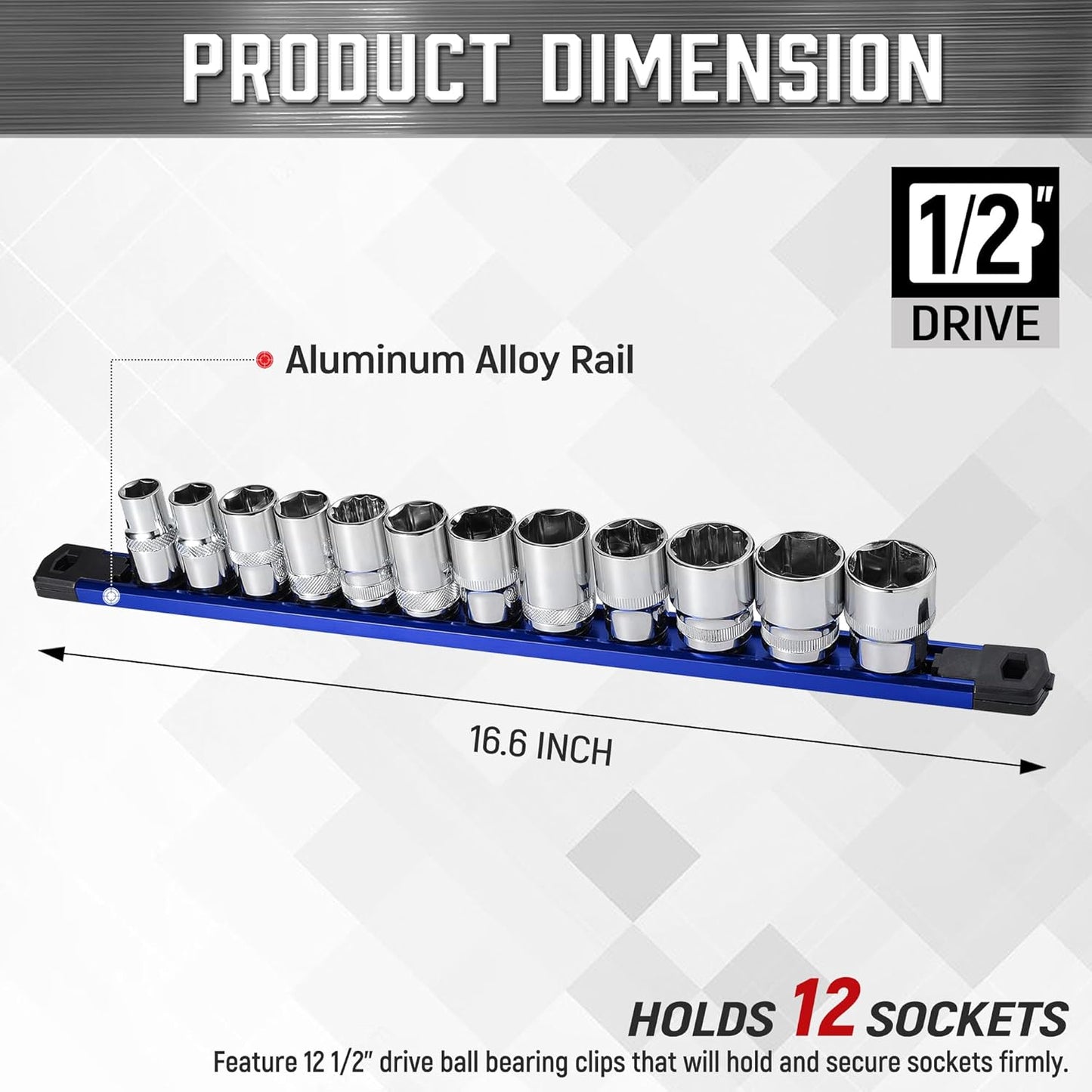 ALOANES 1/2-Inch Drive Magnetic Socket Organizer, Heavy Duty Aluminum Socket Rail Organizer, 360° Swivel Clips Socket Holder Kit for Tool Box, 1/2-Inch Socket Holder x 12 Clips (Blue)