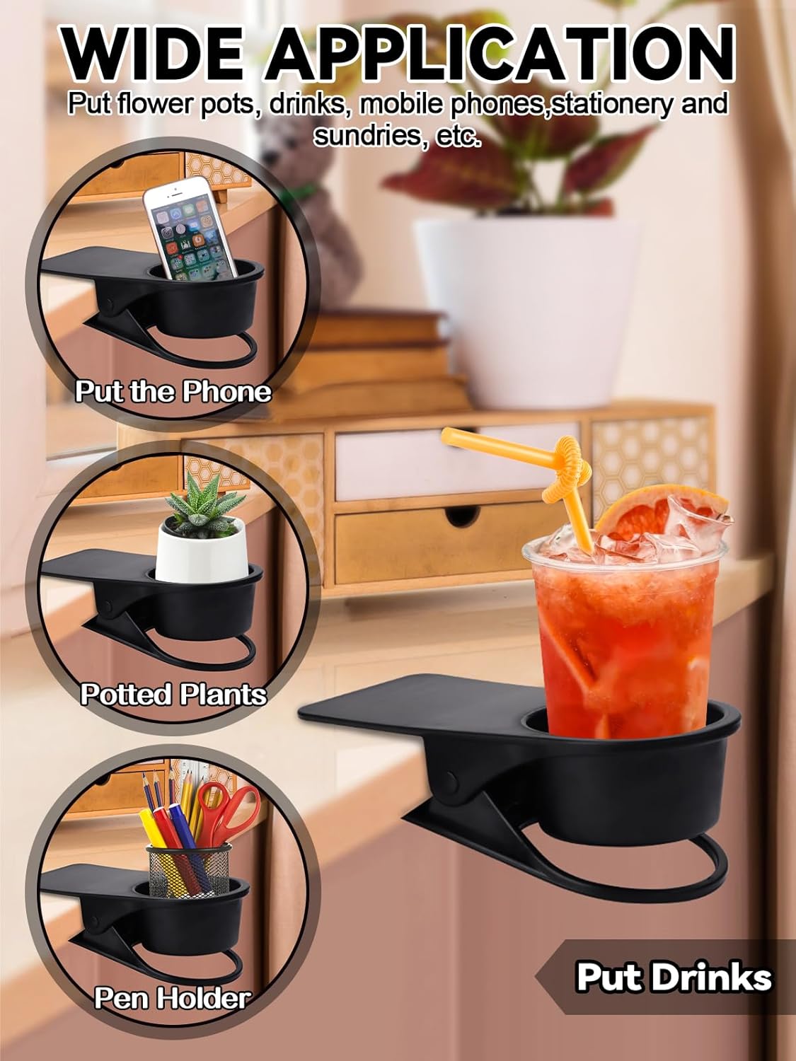 1PCS Drinking Cup Holder, Kalolary Desk Bottle Cup Stand DIY Glass Clamp Storage Saucer Clip Water Coffee Mug Holder Saucer Clip Design for Home & Office, Black