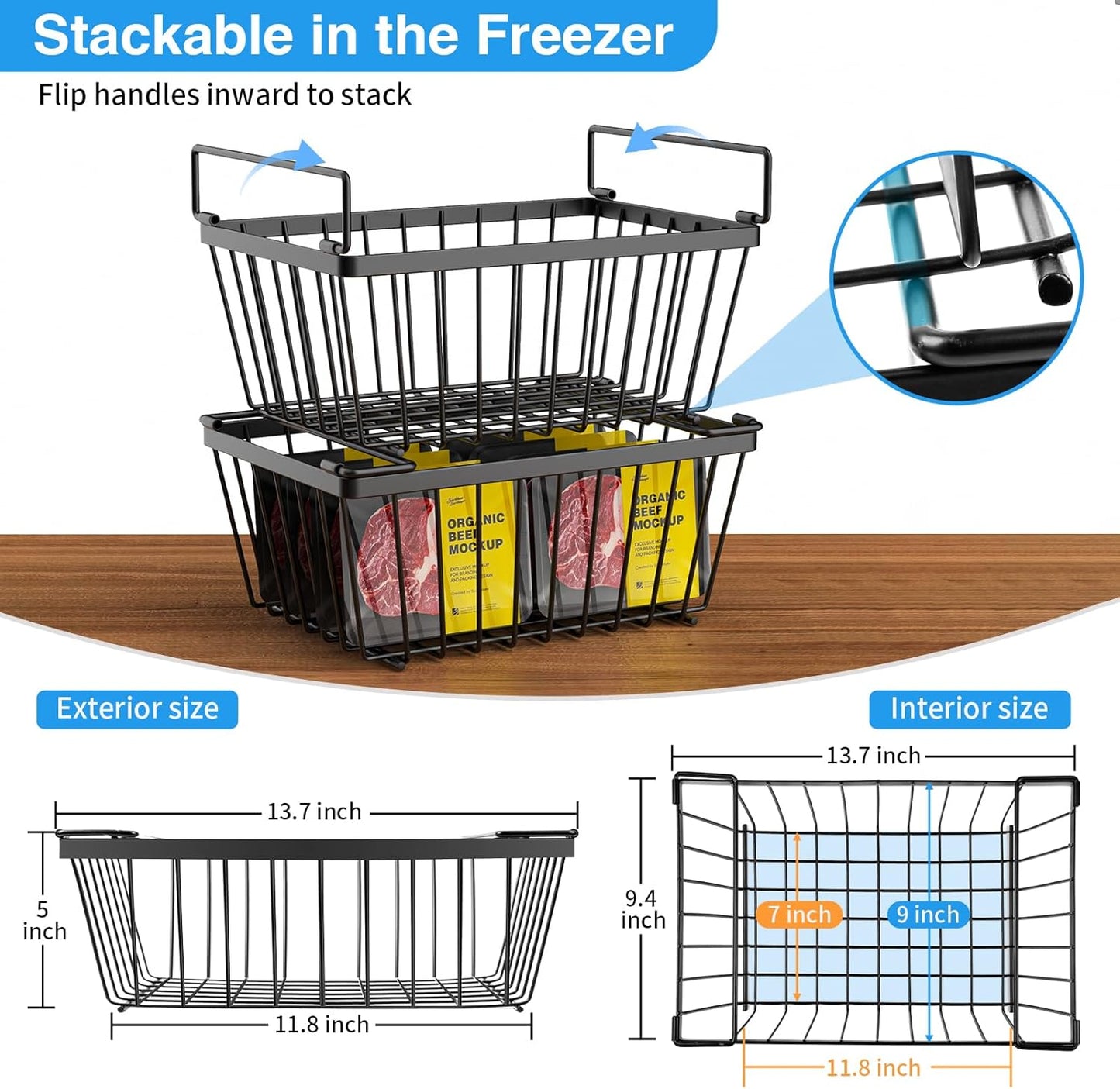 Freezer Organizers bins with Folding Handles，4 Pack Stackable Upright Freezer Organizers baskets for 5-7 Cu.Ft Deep Freezer Storage, Increased Space for Food Storage, Easy to access，Black