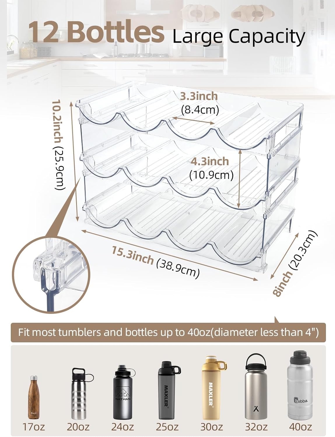 Water Bottle Organizer - 3 Pack Clear Stackable Bottle Storage Rack and Wine Rack for Stanley Yeti Bottle and Other Tumbler Organizer for Kitchen Cabinets, 3 Tier Hold 12