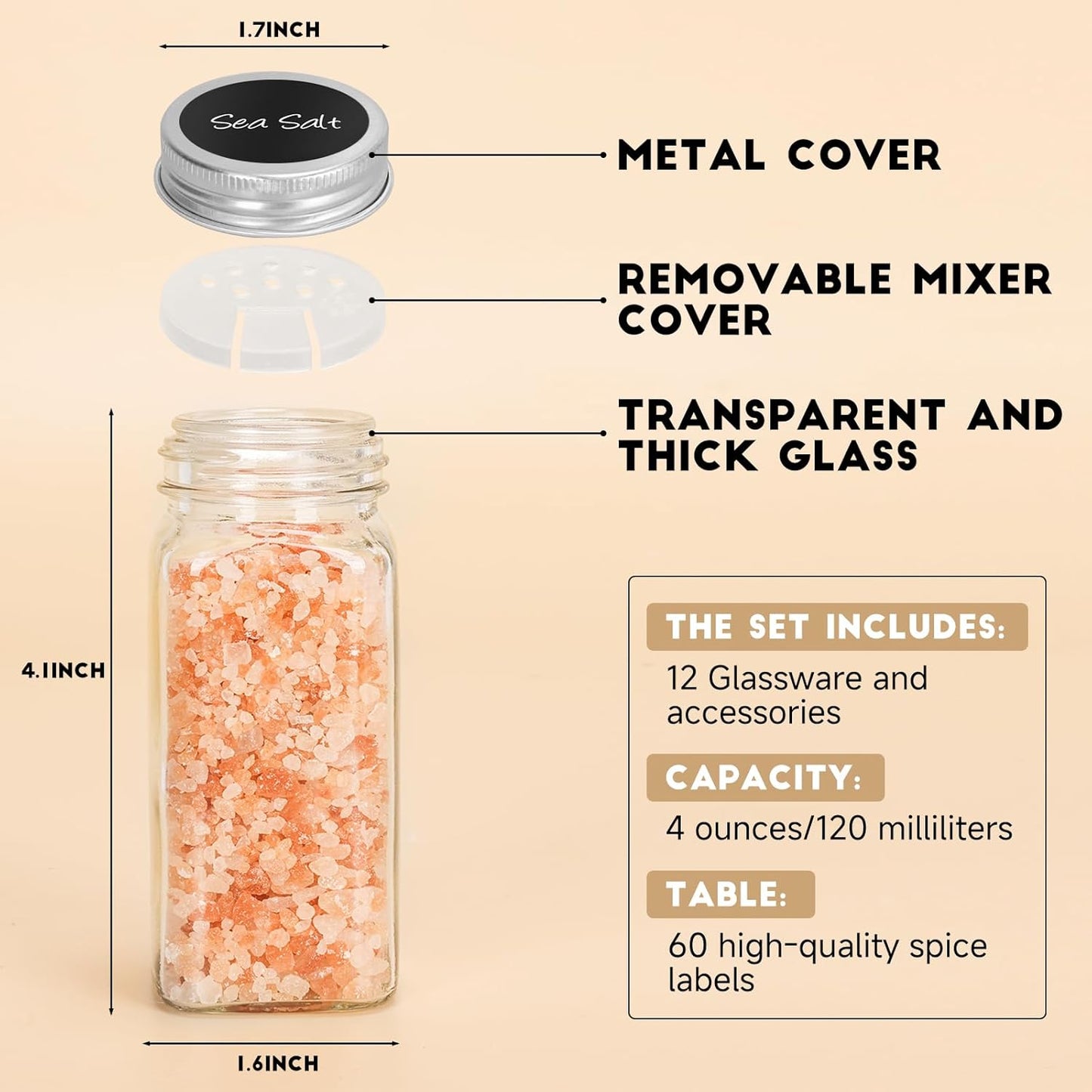 24Pcs Spice Jars with Label, 4oz Empty Square Seasoning Containers, Spice Jars with Shaker Lids, Small Spice Bottles for Salt, Herbs, Sugar, Pepper, Seasoning Jars for Spice Rack, Cabinet, or Drawer