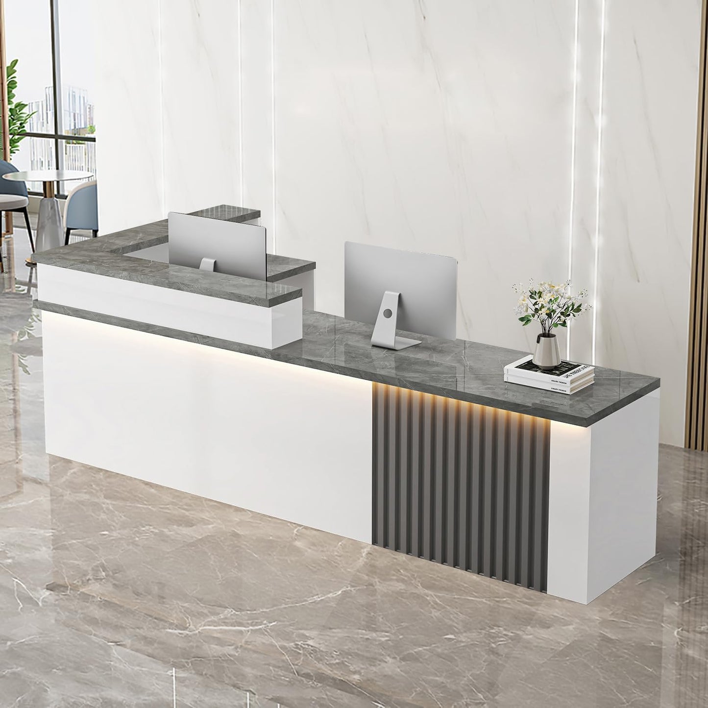Receptionist Desk with LED Light，Wooden Salon Checkout Counter with Storage Drawer & Keyboard Tray Modern L-Shaped Reception Desk for Barbershop Office Company Store
