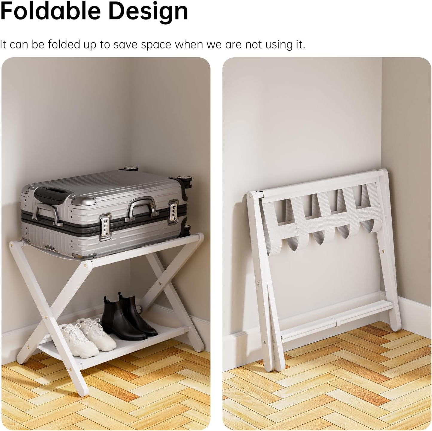 HITNET White Luggage Rack, Set of 2, Folding Suitcase Stand with Storage Shelf, Bamboo Luggage Holder with 5 Nylon Straps for Guest Room Bedroom Hotel