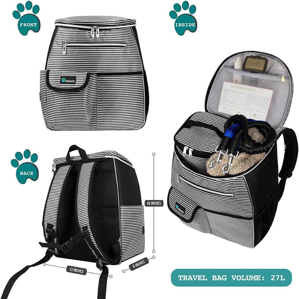 PetAmi Dog Travel Bag Backpack, Airline Approved Dog Bags for Traveling, Puppy Diaper Bag Supplies, Pet Camping Essentials Hiking Accessories Gift, Food Container, Collapsible Bowls, Stripe Black