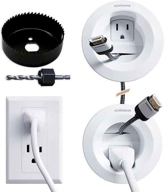 ECHOGEAR in-Wall Cable Management Kit for Power & Low Voltage Cords – Hide TV Wires Behind The Wall – Includes 3.75” Diameter x 3.25” Depth Modules, 6ft Extension Cord, Drywall Hole Saw Attachment