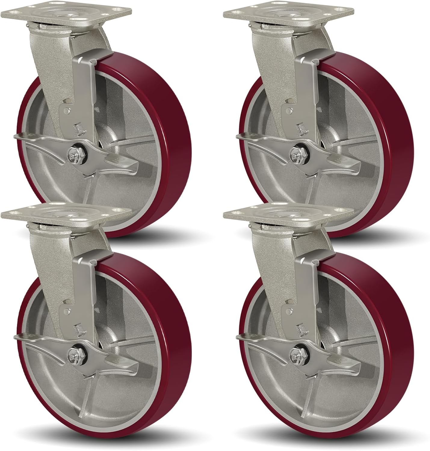 SY America 8" X 2" Casters Wheels,Heavy Duty Casters Set of 4，Polyurethane on Aluminum Wheels,4 Swivel w/Top Lock Brake Casters,6400 LBS Load Capacity
