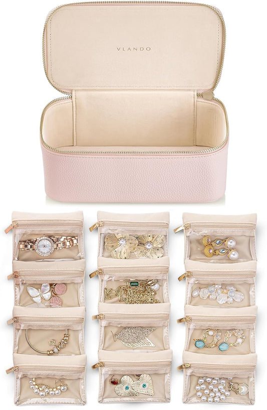 Vlando Teacher Gifts for Women,Jewelry Box with 12 Velvet Jewelry Bags Travel Jewelry Case for Girls Jewelry Organizer for Travelers Birthday Gift Ideas for Women (Pink)