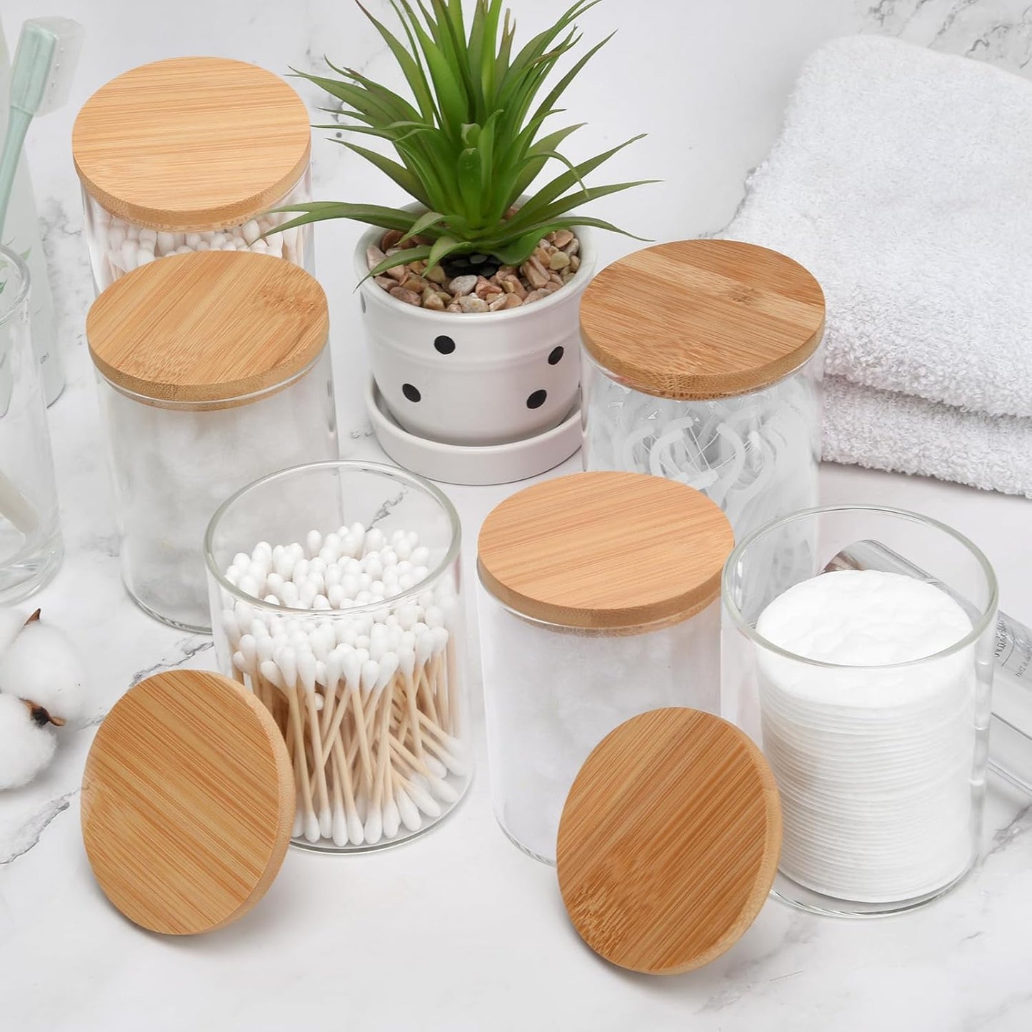 6 Pack Glass Qtip Holder Dispenser Set - Apothecary Jars with Lids for Vanity Makeup Organizer - Bathroom Canister Storage Organizer