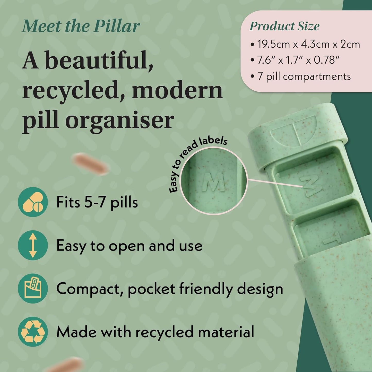 Pillar - 7-Day Pill Organizer | Weekly Medicine Pill Container Travel Box - Aesthetic Medication Holder - Stylish Travel Pill Case - Cute Small Medication Organizer 7 Day for Women (Sage Green)