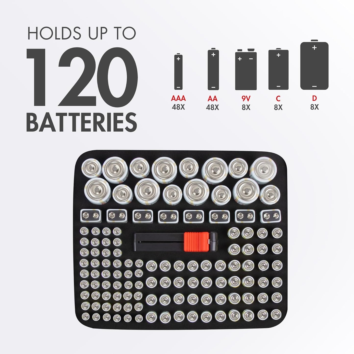 Tenergy Alkaline Batteries & Storage Case, 48xAAs, 48xAAAs, 8xC Size, 8xD Size, 8 Pack 9V Size Batteries, and Battery Organizer Case