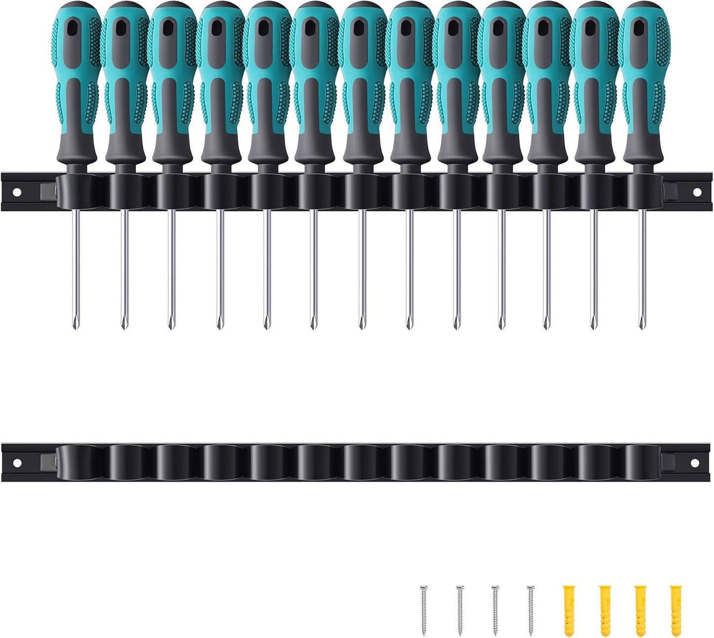 2 Pack Wall-Mounted Screwdriver Organizers with Screws - Heavy-Duty ABS Plastic Tool Holder for Screwdrivers, Wrenches, Piers - Garage Workshop Storage (Black,2 PCS)