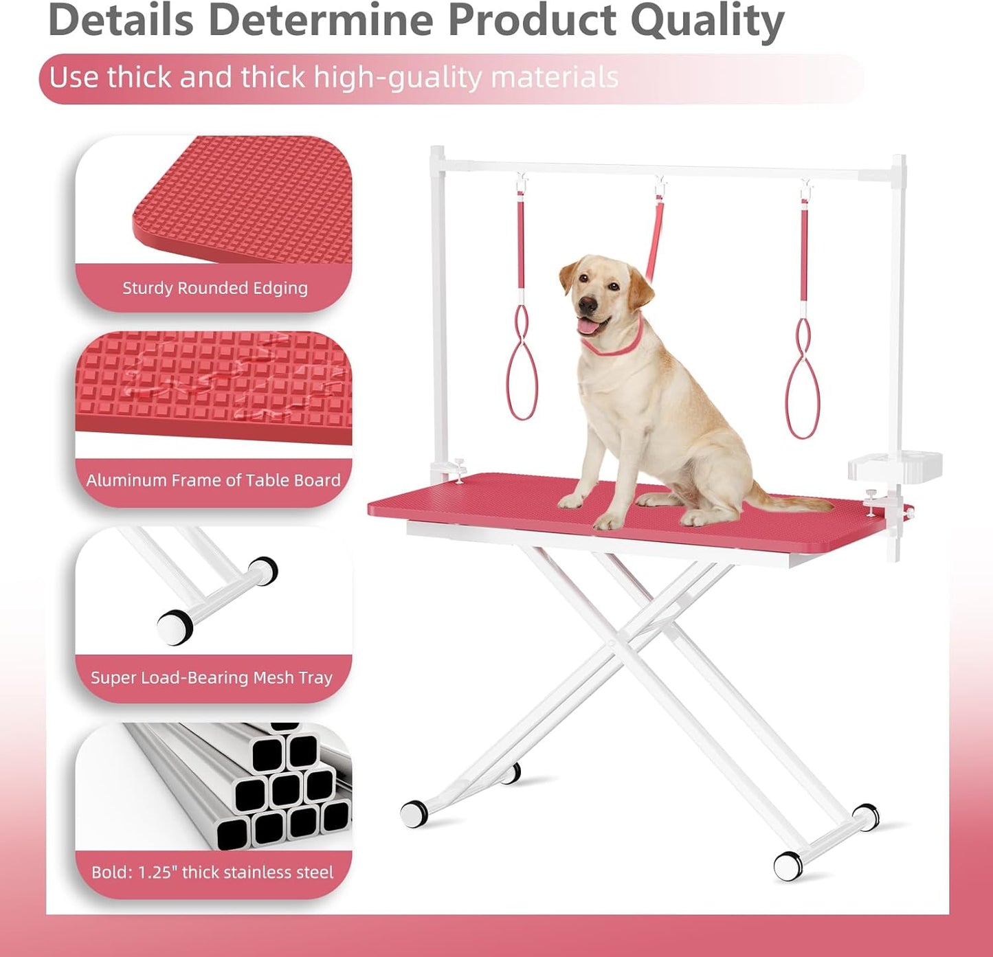VFK 47" Adjustable Dog Grooming Table with Storage Box & Metal Basket Manual Height-Adjustable Pink Pet Grooming Table for Dogs at Home Use, Waterproof Scratch-Resistant Surface, X-Frame Design