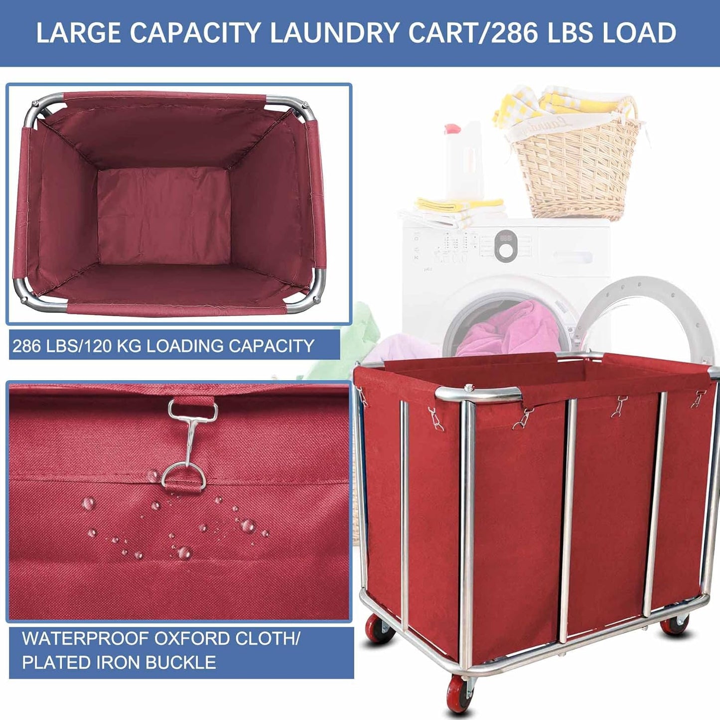 Laundry Cart Commercial,11.35 Bushel Large Industrial Rolling Laundry Hamper with 4 Inch Wheels,Household Heavy Duty Laundry Baskets with Stainless Steel Frame, 286 LBS Weight Capacity