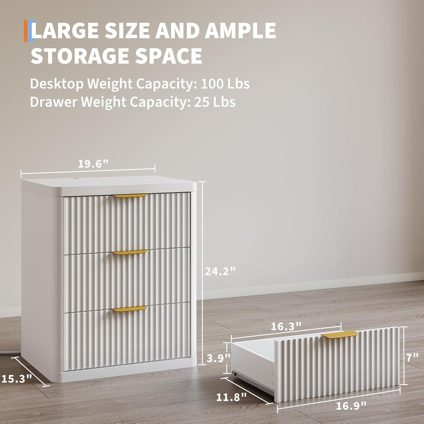 Fluted Nightstand Set of 2 with Charging Station, Bedside Table with 3 Drawers Storage Space, Metal Handles and Rounded Corners for Safety, Mid Century Modern End Table, for Bedroom, Living Room