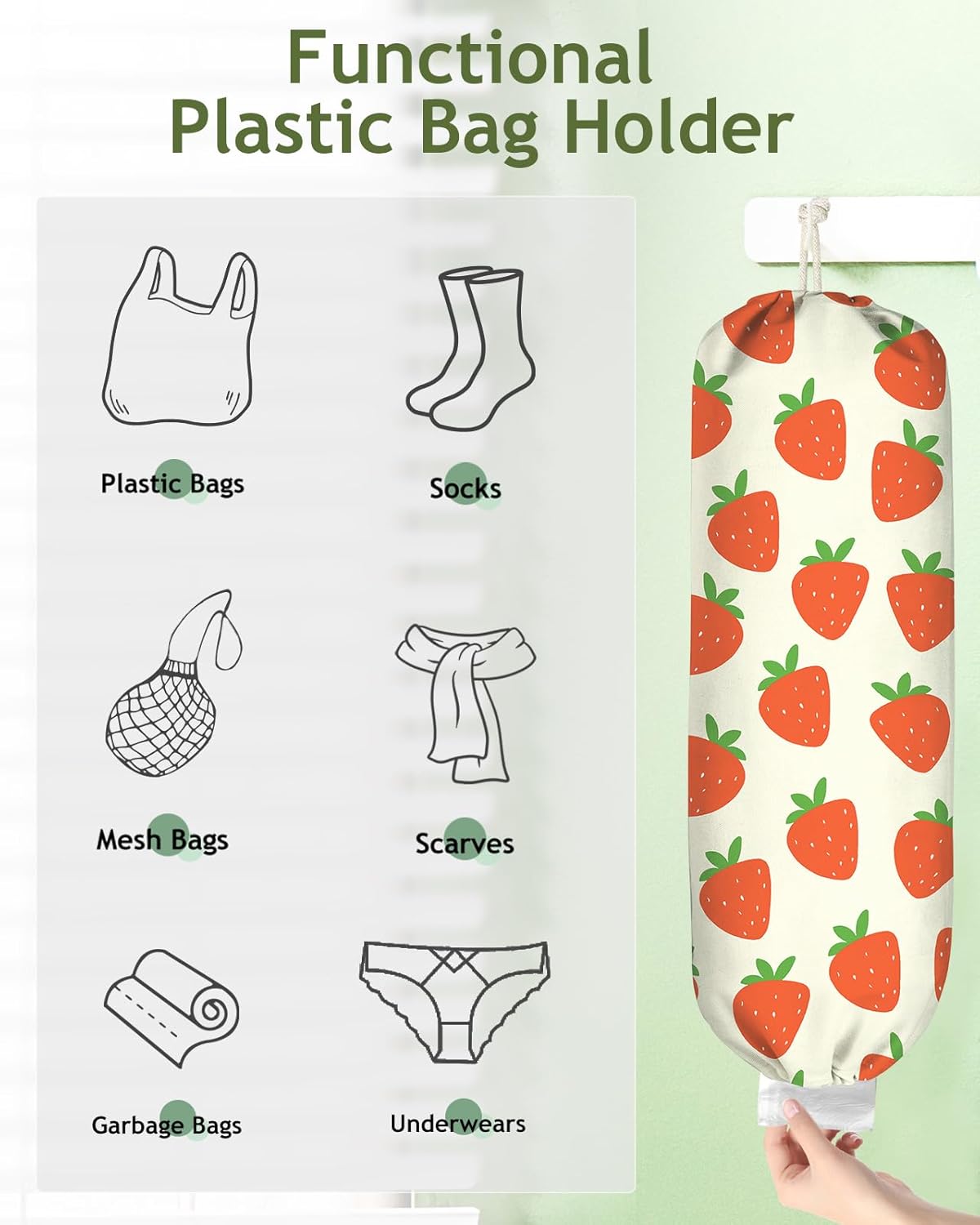 Plastic Bag Holder, Grocery Bag Organizer - 1 Pack Cute Kitchen Dispenser Holders Reusable Shopping Western Hanging Wall with Adjustment Drawstring Closure for Women Home, Strawberry