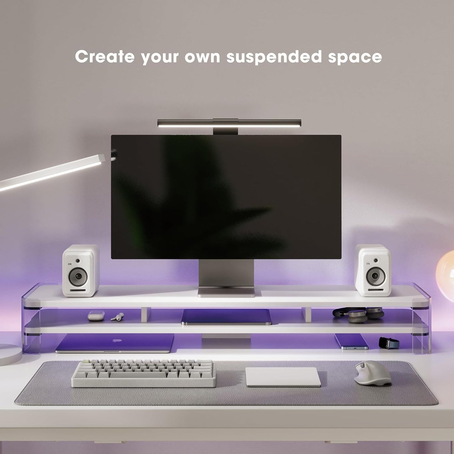 Fenge Acrylic Monitor Stand Riser, Clear Dual Acrylic Computer Monitor Stand for 2 Monitors, 2 Tier Wood Office Desk Storage Organizer for Laptop, Computer, TV Stand