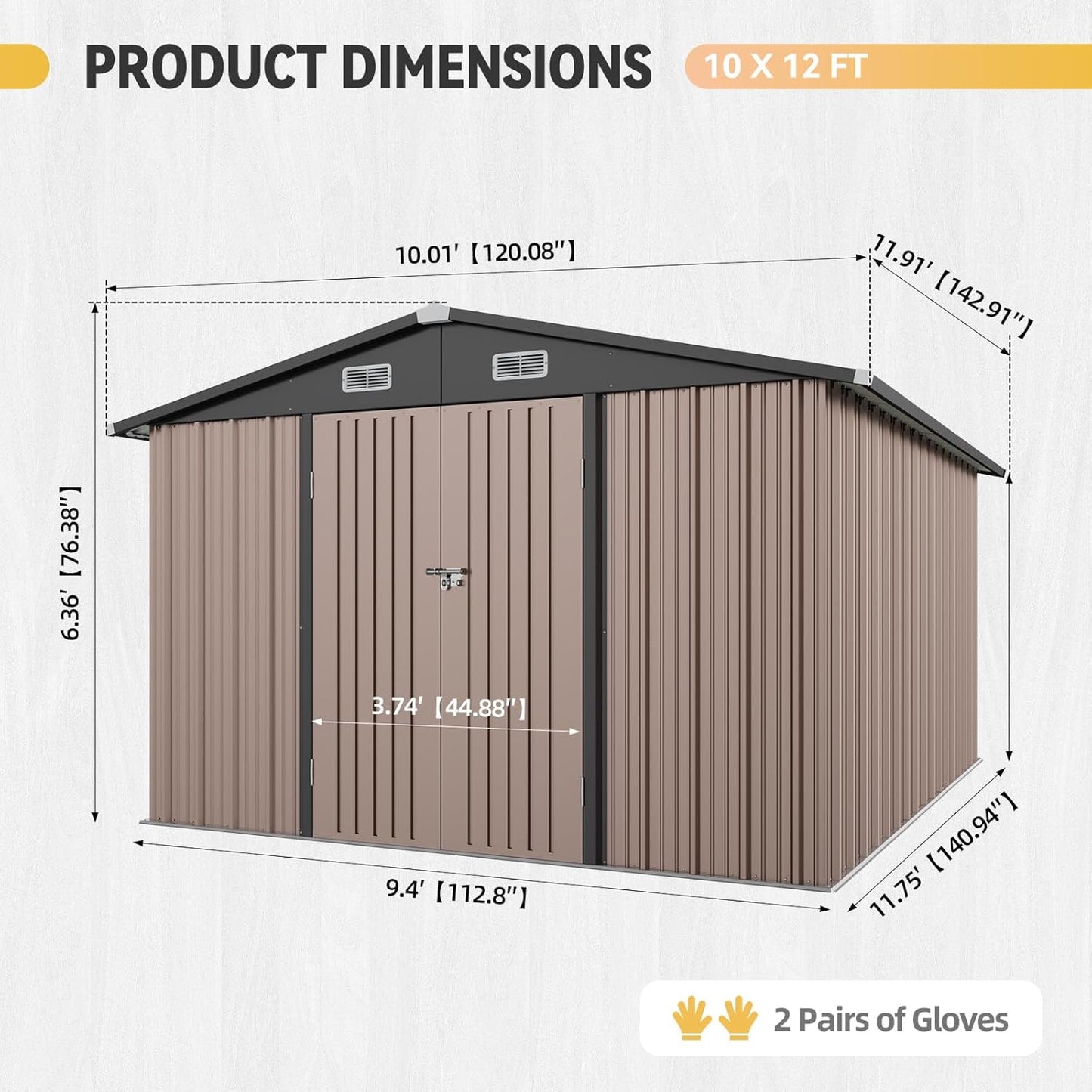 Aoxun 10x12 Shed with Brown Floor Galvanized Steel Outdoor Storage Shed Metal Garden Shed with Moisture-Proof Floor & Ventilation, Sloped Roof for Bike/Generator/Tool Storage (Brown Floor Included)