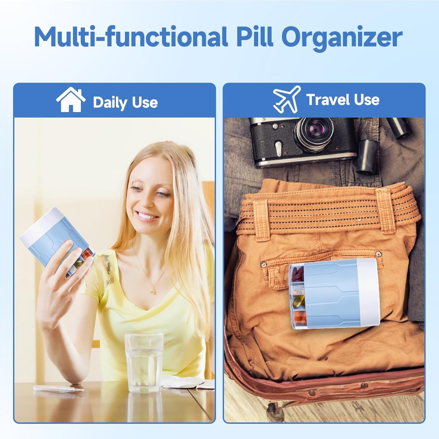 Daviky Pill Bottle Organizer, Supplement Organizer with 7 Large Compartments, Travel Pill Dispenser Round Pill Box with Two Lids（Blue）