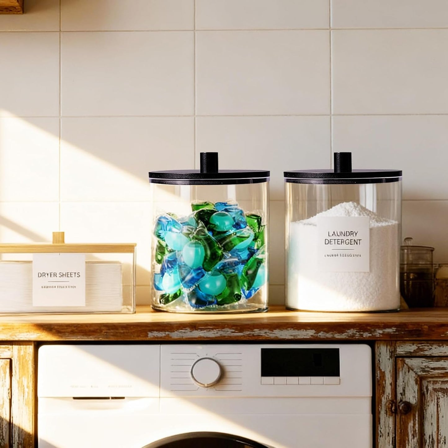 SheeChung 1 Pack 50 Oz Large Apothecary Jar with Bamboo Lid, Laundry Pods Container, Storage Jars for Bathroom Organization, Plastic Canisters with Cute Stickers Spoons(Black)