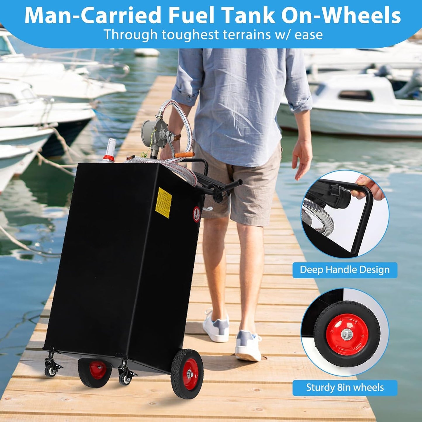 35 Gallon Gas & Diesel Fuel Caddy with Transfer Pump – Mobile Fuel Storage Tank with 4-Wheel Cart for Boats, Lawn Mowers, Snowblowers, Motorcycles & Construction Equipment - Black