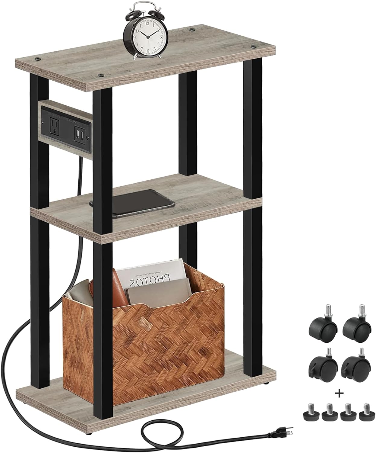 TUTOTAK Small Narrow Side Table with Charging Station, Skinny End Table for Small Spaces, Slim Nightstand with USB Ports and Outlet, Sofa Beside Table with Wheels, Greige TB01BG046