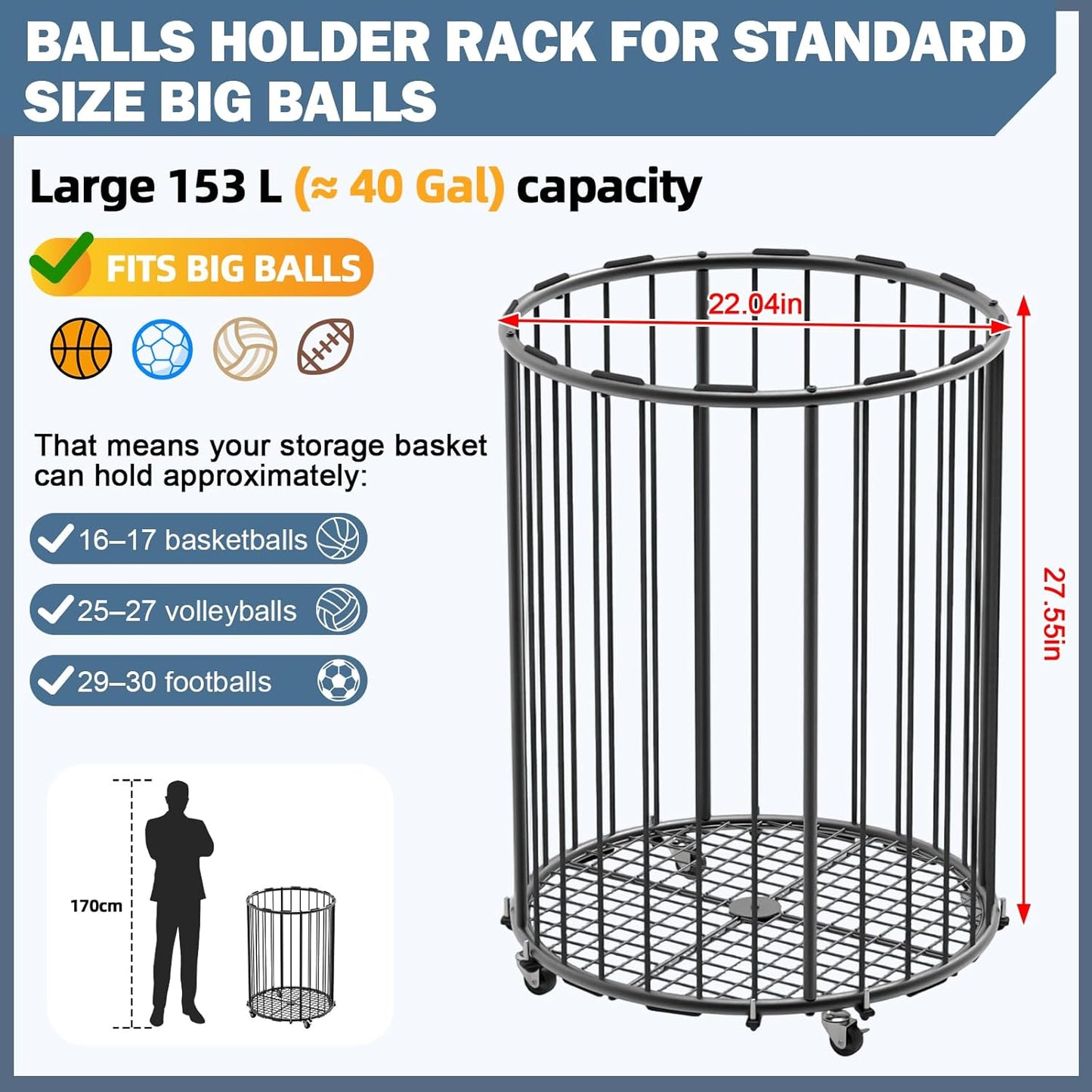 Garage Ball Storage: Round Sports Equipment Organizer with Wheels, Sports Ball Rack With Elastic Rope, Ball Holder for Basketball, Soccer, Volleyball, Football, Garage, Gym, Outdoor (Black)