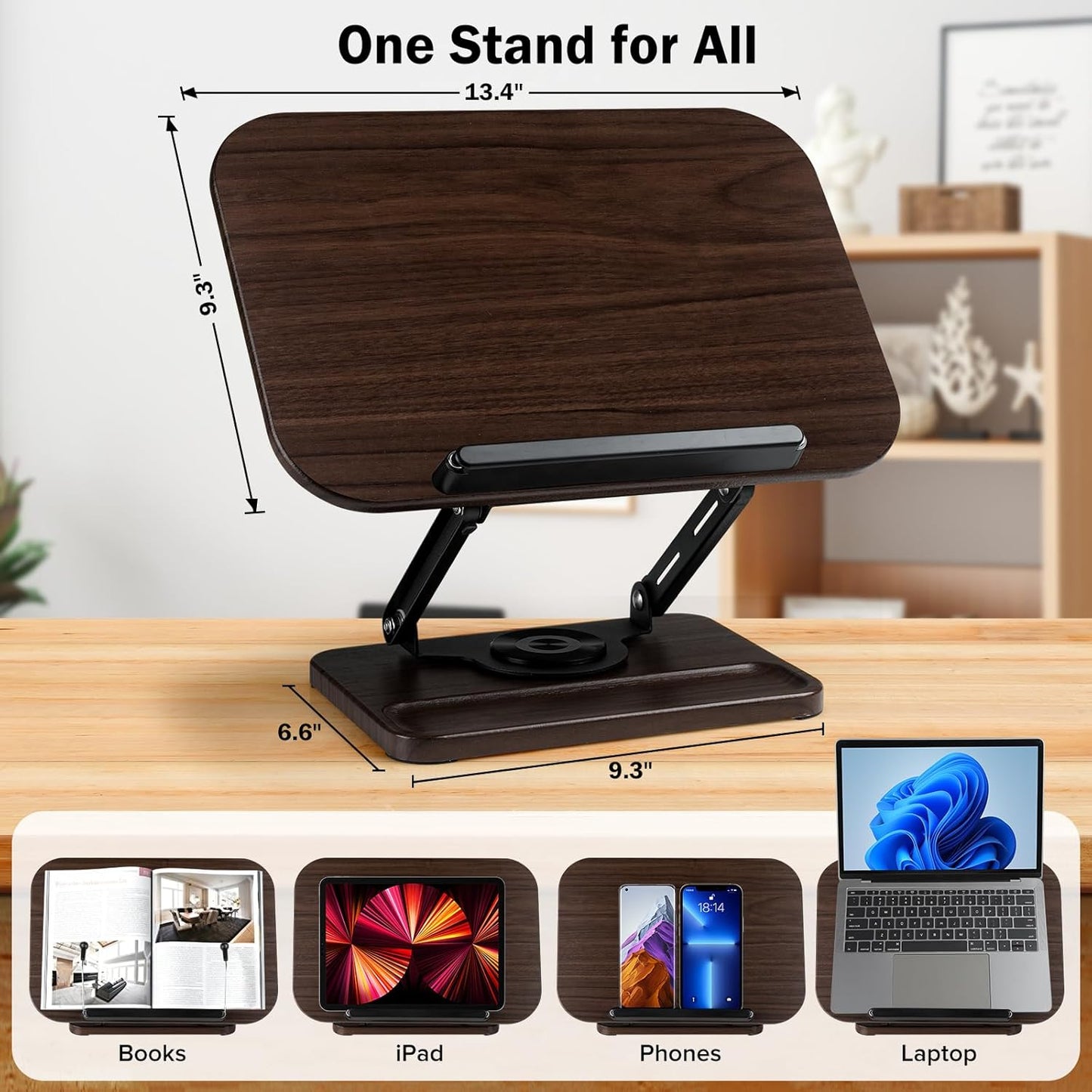 Book Stand with Light & Storage, Book Holders for Reading Hands Free, Wooden Cookbook Stand with Adjustable Height & 360 °Angle for Recipe,Magazine,Laptop,Tablet, Bible