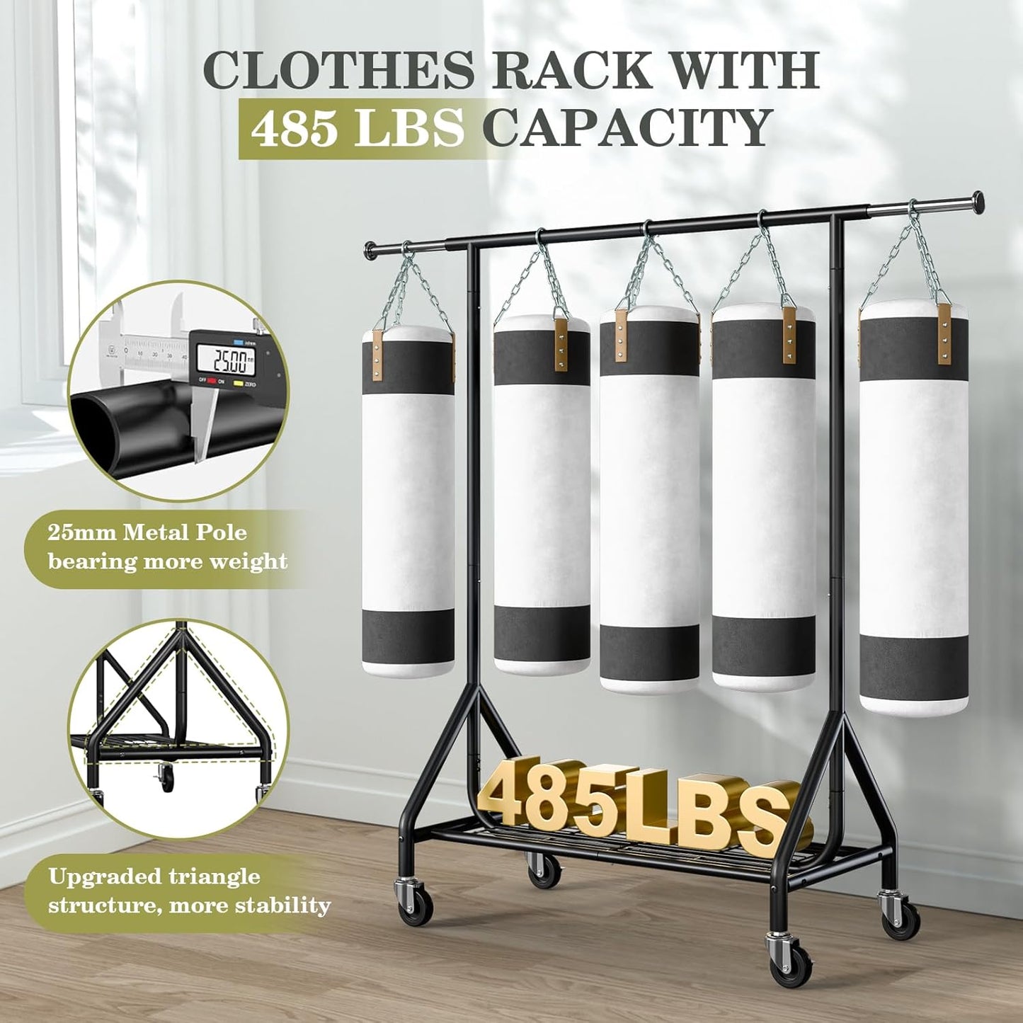Clothes Rack Load 450 LBS, Heavy Duty Garment Rack, Standing Rolling Metal Hanging Clothes with Sturdy Wheels & Shelves, Black