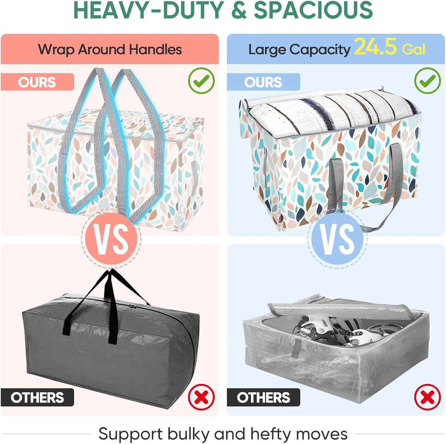 BALEINE 4-Pack Oversized Moving Bags with Reinforced Handles, Heavy-Duty Storage Tote for Clothes, Moving Supplies (Mosaic, 4-Pack)