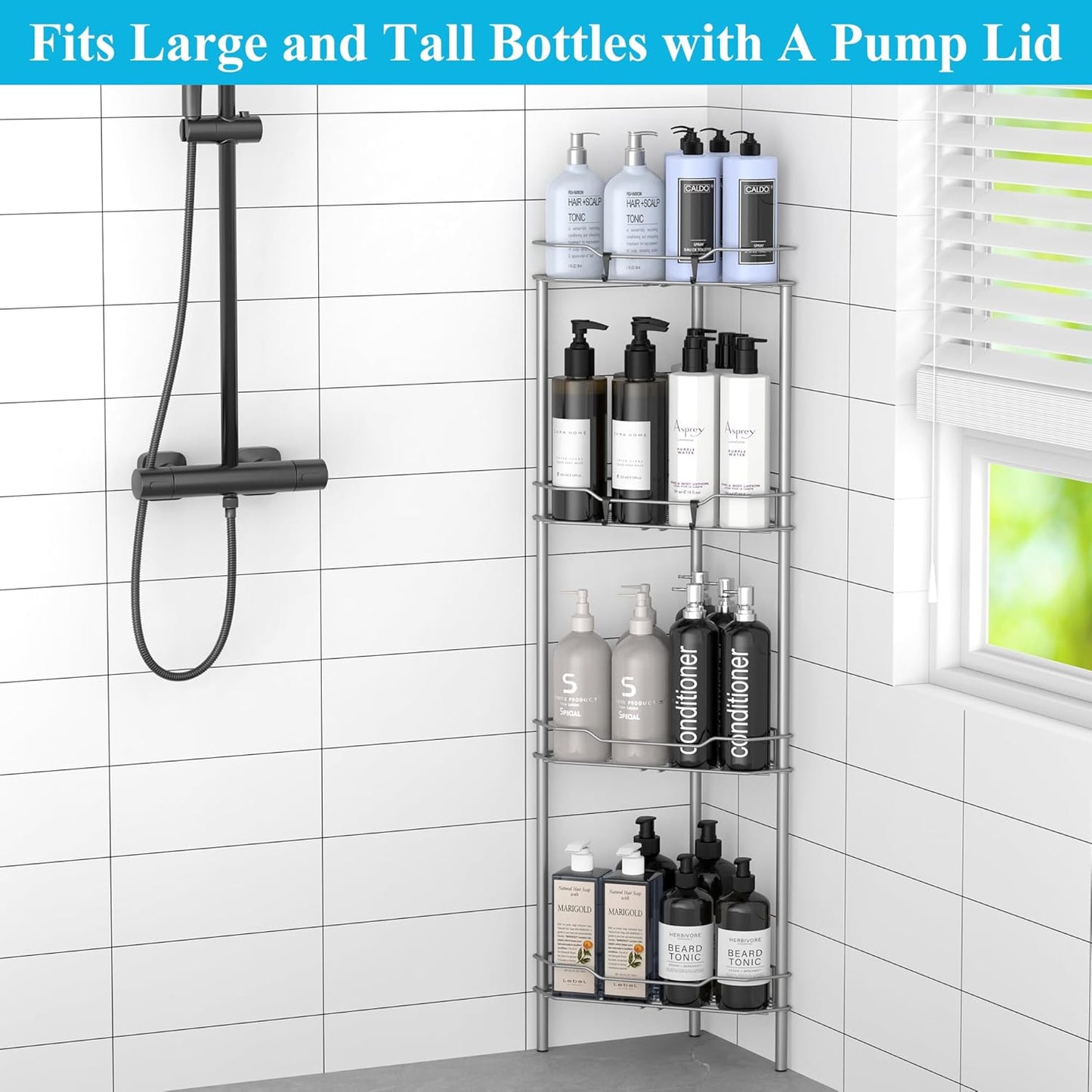 4 Tier Floor Standing Corner Shower Caddy Organizer Shelf with Hooks, Bathroom Shelves Stand Rack, Gray