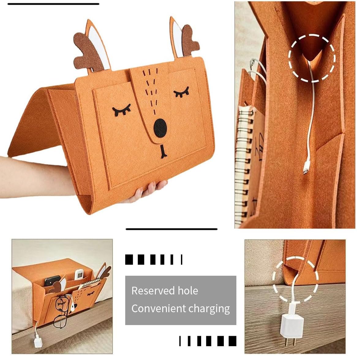 Bedside Storage Caddy Hanging Organizer Bag, Book Magazine Holder, for Magazine, Tablet, Phone, Remotes Glasses, Cute Christmas Elk Design, Brown