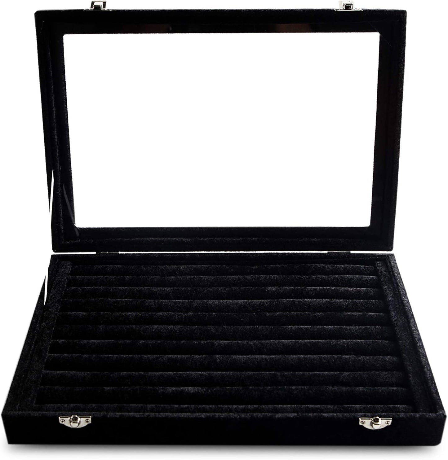 Frebeauty Rings/Earrings Organizer Tray with Clear Lid 10 Slots Velvet Drawer Insert Jewelry Storage box with Transparent Glass lid Jewelry Display Case Showcase Gift for Girls Women (Black, 10 Slots)