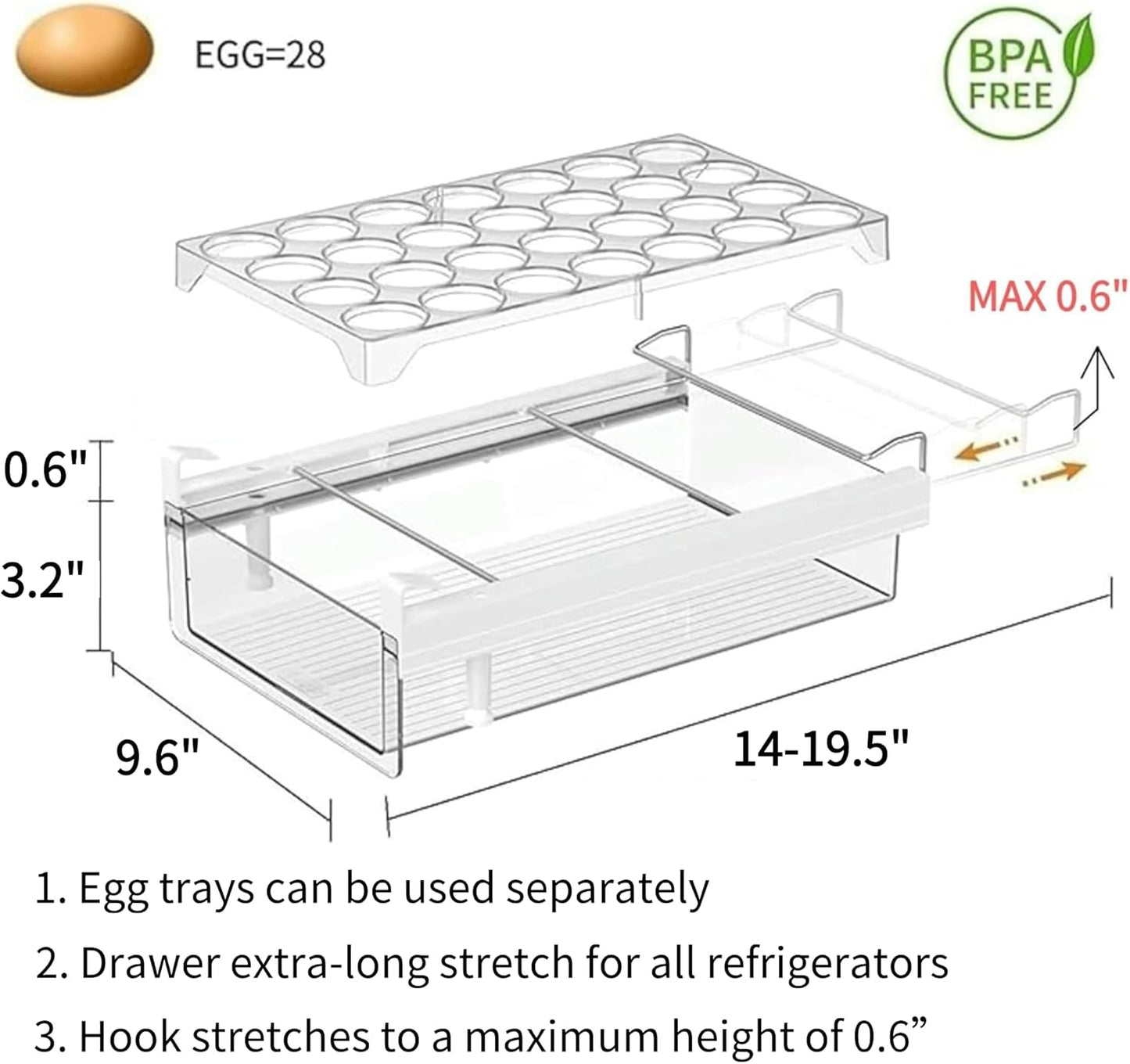 vacane Fridge 28 Egg Drawer Pull Out,Clear Egg Holder Tray for Refrigerator With Handle, Refrigerator Organizer Bins Heavy Duty-L With Egg Tray